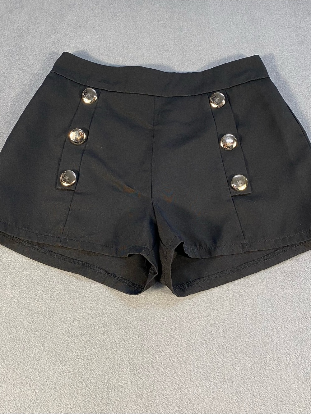 Women’s Black High-Waist Button Accent Shorts, back zipper, size 6